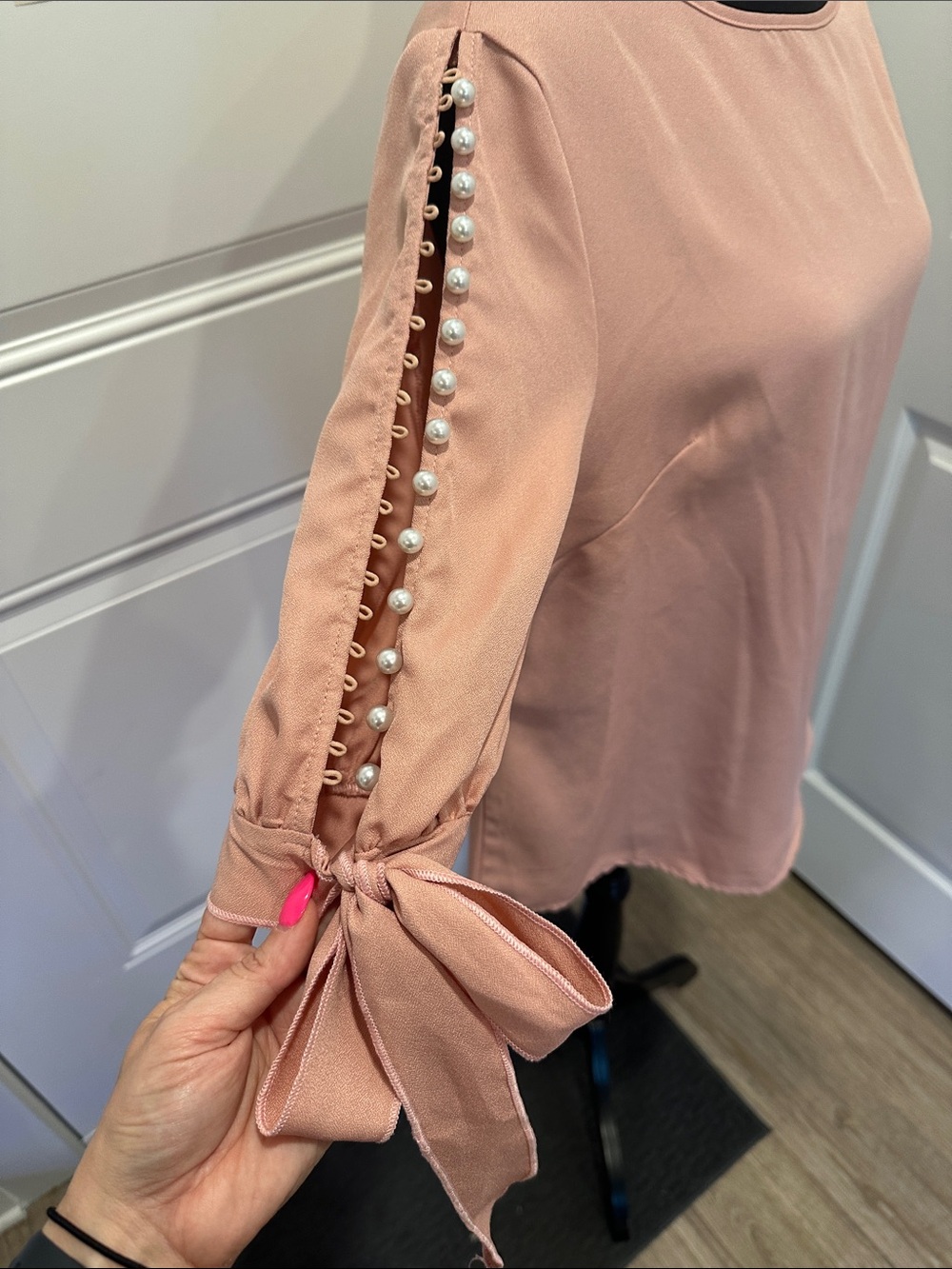 SHEIN Dusty Rose Tie-Sleeve Pearl-Trim Blouse - Picture 2 of 6